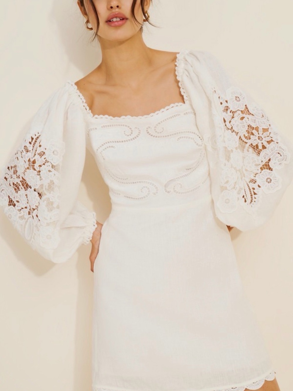 FARM Rio Off-White Embroidered Euroflax Premium Linen Mini Dress